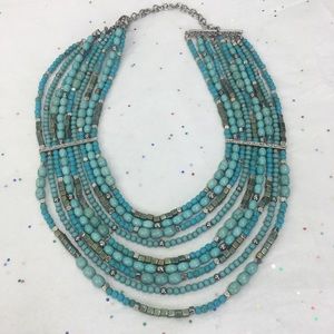 Chico’s Beaded Turquoise Blue Silver Bib Necklace